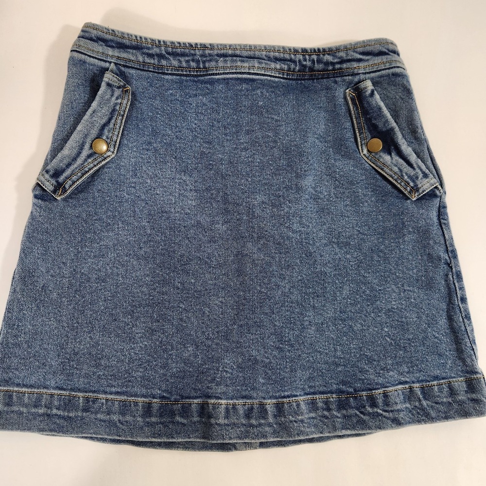 Copper Key Denim Mini Skirt Womens Sz Small Blue Stretch A-Line Snap Accent Y2K